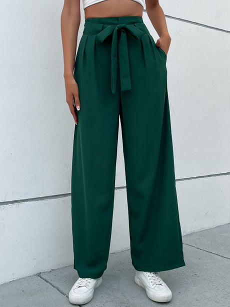 Women's Solid Color Tie Waist Wide Leg Pants