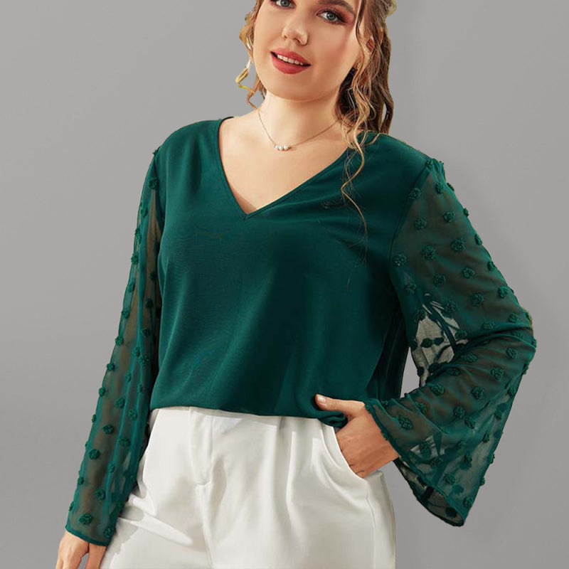Women's Plus Size Solid Color Lace Polka Pot Sleeve V Neck Blouse