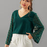 Women's Plus Size Solid Color Lace Polka Pot Sleeve V Neck Blouse