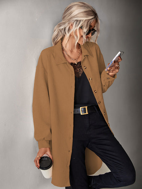 Women's Solid Color Front Button Closure Spread Collar Corduroy Shirt