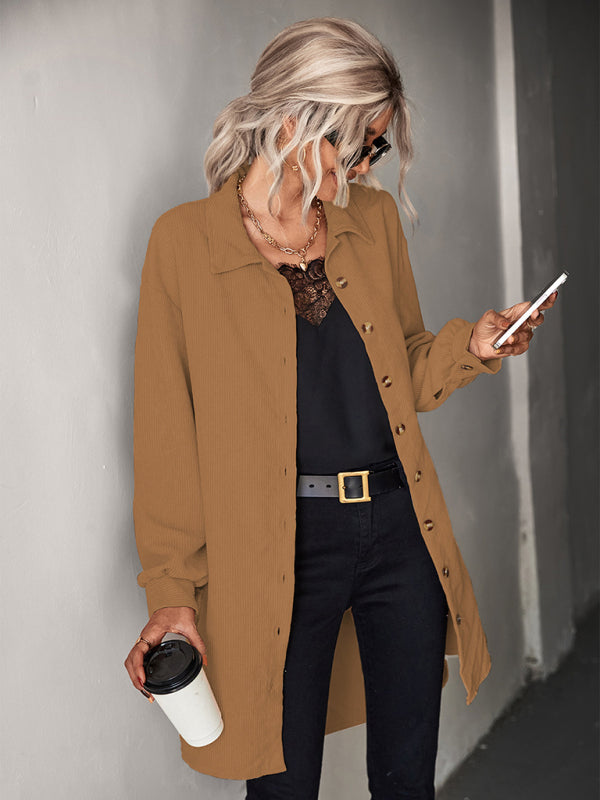 Women's Solid Color Front Button Closure Spread Collar Corduroy Shirt