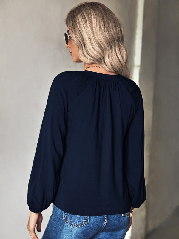 Women's Solid Color Tie Neck Tunic Shirt Top