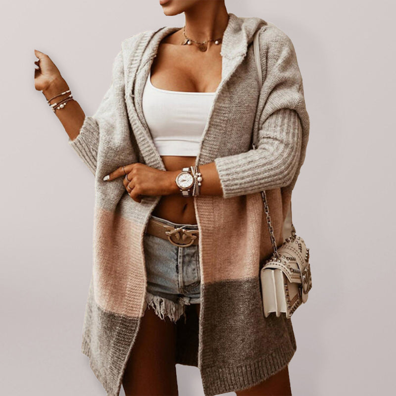 Women's Color Block Waterfall Hooded Open-front Sweater Cardigan