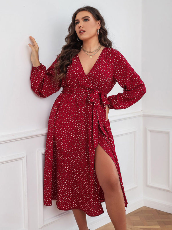 Women's Plus Size Dot Print Puff Sleeve Tie Waist V Neck Wrap Midi Dress