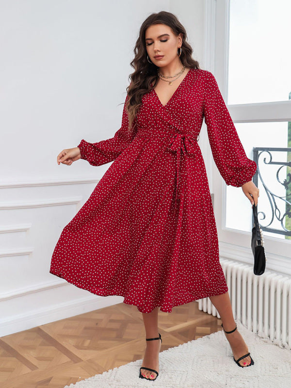 Women's Plus Size Dot Print Puff Sleeve Tie Waist V Neck Wrap Midi Dress