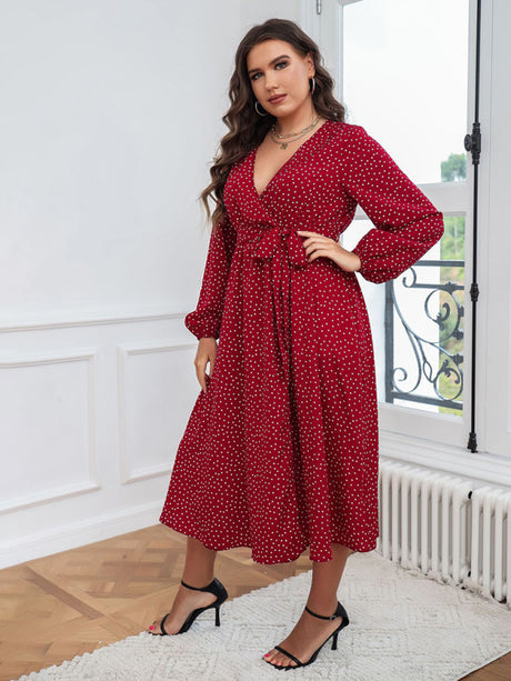 Women's Plus Size Dot Print Puff Sleeve Tie Waist V Neck Wrap Midi Dress