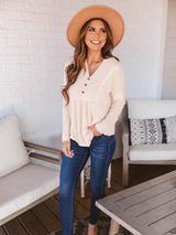 Women's Solid Color Button Up V Neck Babydoll Waffle Knit Top