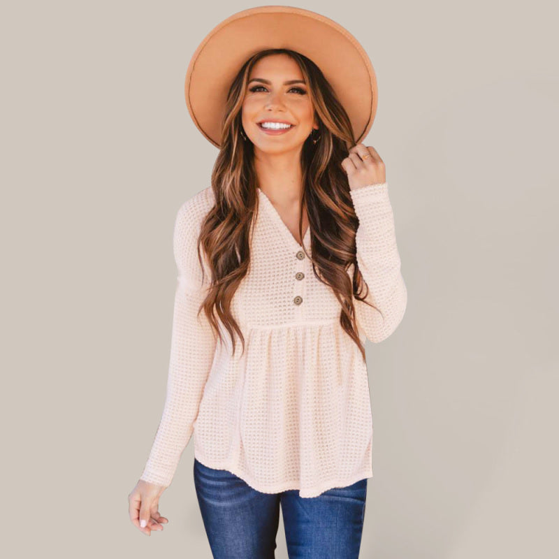Women's Solid Color Button Up V Neck Babydoll Waffle Knit Top