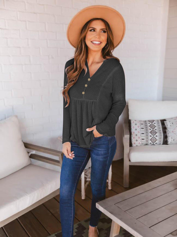 Women's Solid Color Button Up V Neck Babydoll Waffle Knit Top