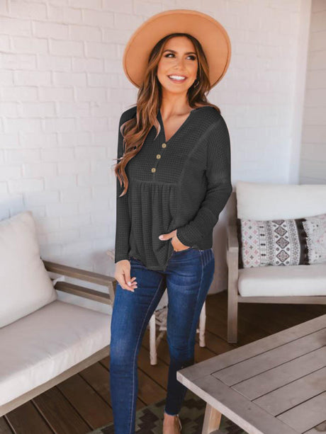 Women's Solid Color Button Up V Neck Babydoll Waffle Knit Top