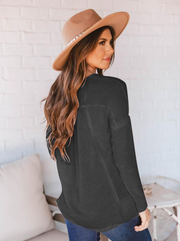 Women's Solid Color Button Up V Neck Babydoll Waffle Knit Top