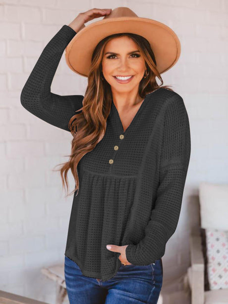 Women's Solid Color Button Up V Neck Babydoll Waffle Knit Top