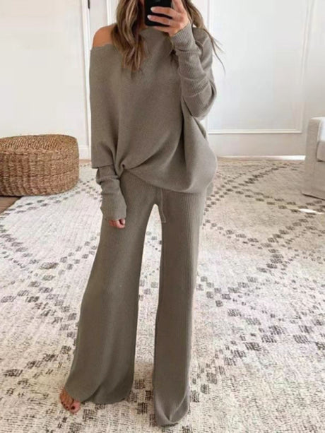 Opulence Emporion Casual Solid Color Off Shoulder Knit Suit