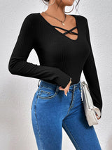 Women's Solid Color Cross Strap Rib Long Sleeve Rib Top