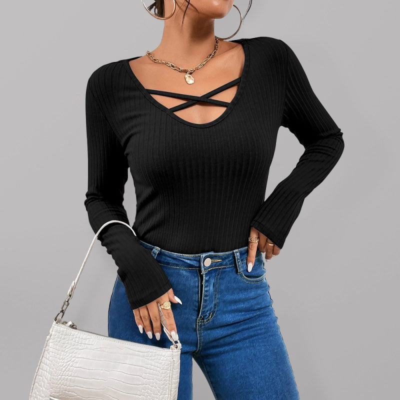 Women's Solid Color Cross Strap Rib Long Sleeve Rib Top