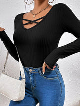 Women's Solid Color Cross Strap Rib Long Sleeve Rib Top