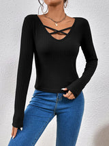 Women's Solid Color Cross Strap Rib Long Sleeve Rib Top