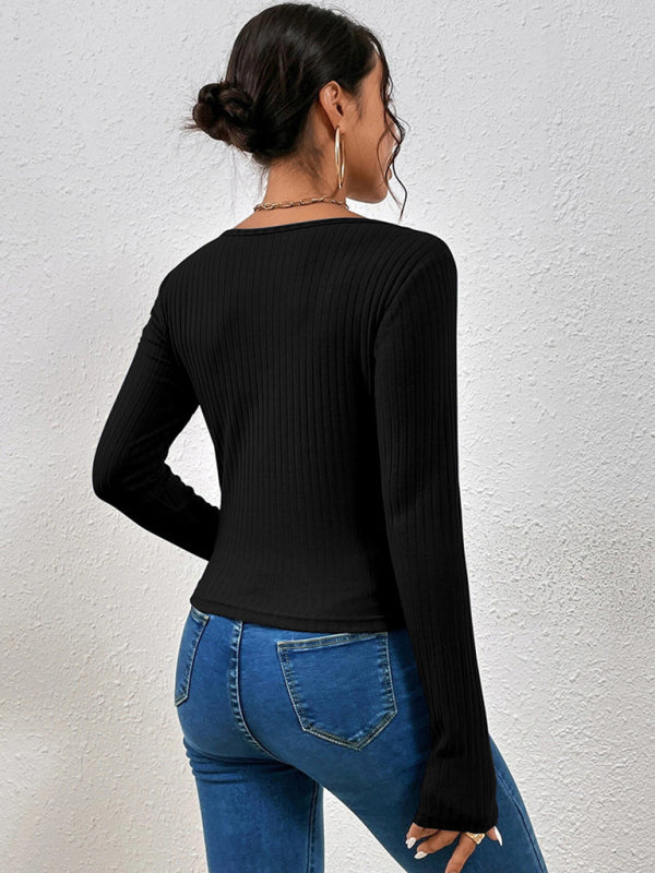 Women's Solid Color Cross Strap Rib Long Sleeve Rib Top
