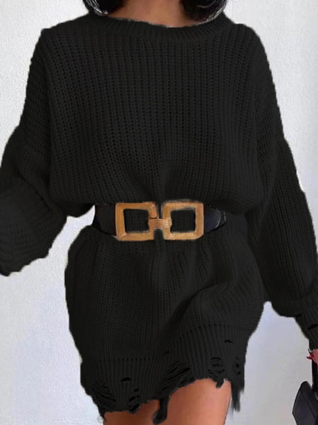 Women's Solid Color Rip Distressed Hem Rib Knit Sweater Mini Dress
