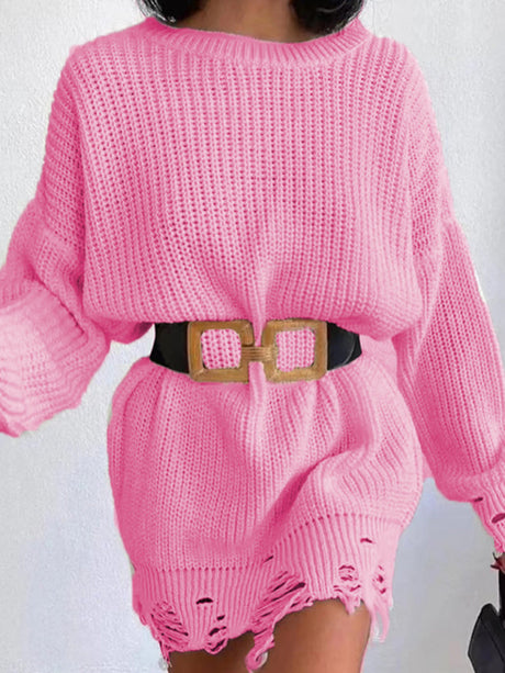 Women's Solid Color Rip Distressed Hem Rib Knit Sweater Mini Dress