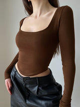 Women's Solid Color Long Sleeve Square Neckline Cropped Top