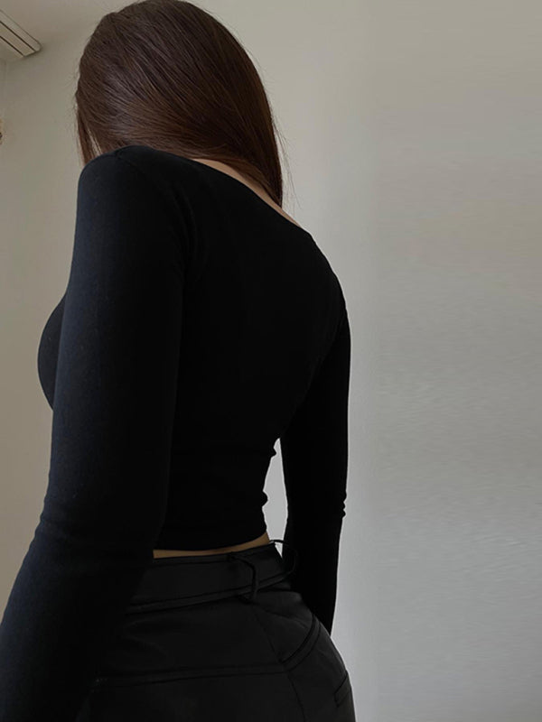 Women's Solid Color Long Sleeve Square Neckline Cropped Top
