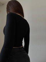 Women's Solid Color Long Sleeve Square Neckline Cropped Top