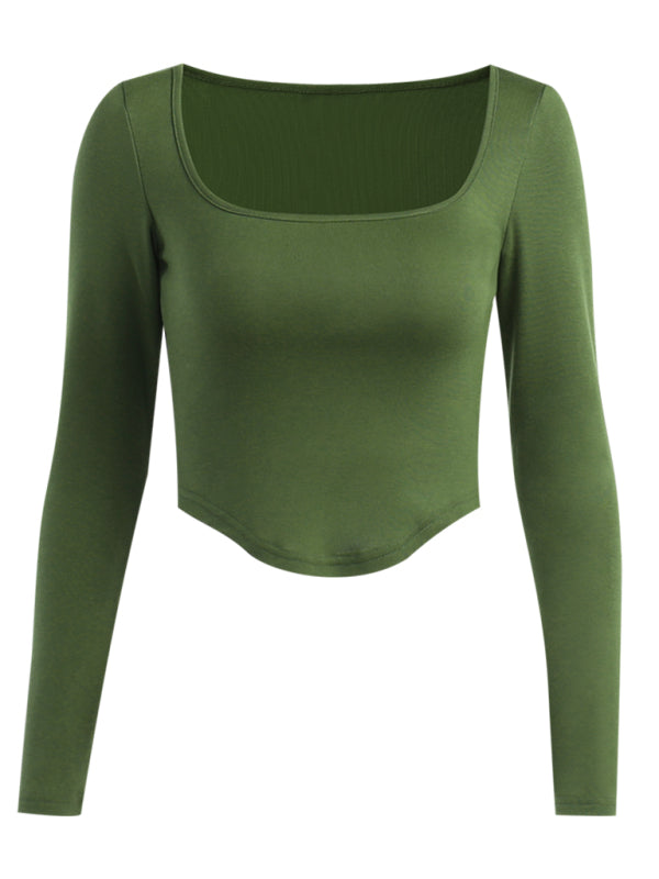 Women's Solid Color Long Sleeve Square Neckline Cropped Top