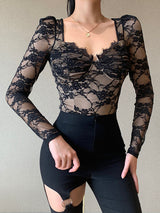 Women's Sweetheart Neck Silhouette Lace Detailing With Sheer Sleeves Top