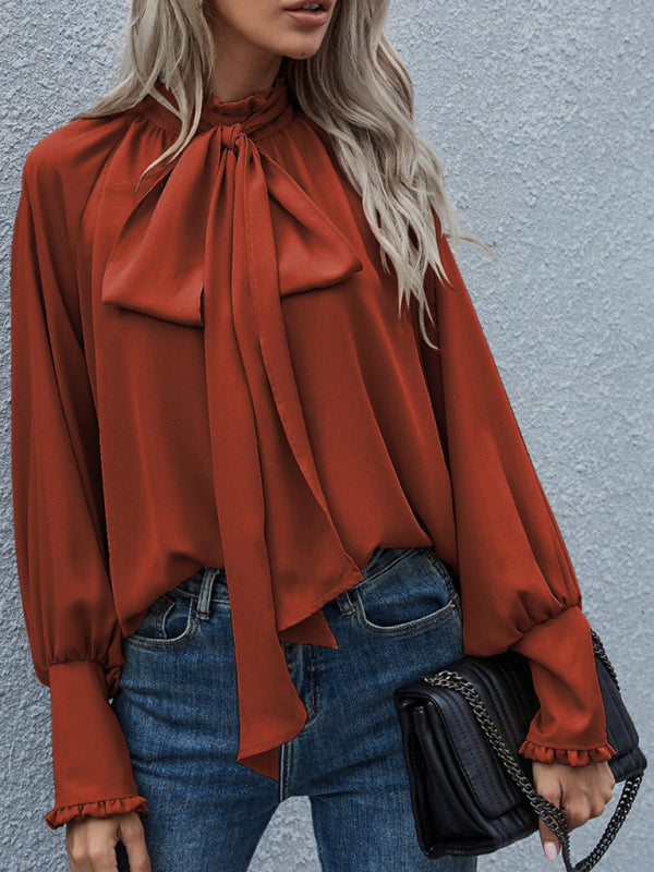 Women's Solid Color Puff Sleeve Bow Tie Blouse