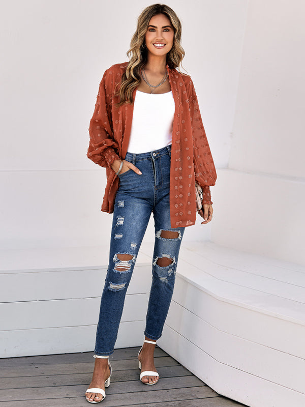 Women's Solid Color Clip Dot Sheer Cardigan Top