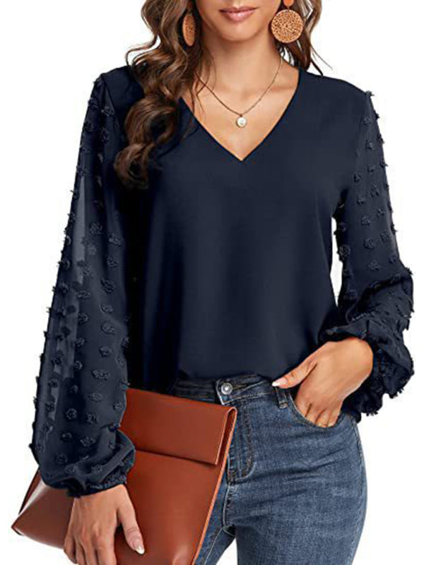 Women's Solid Color V Neck Dotted Sheer Sleeve Top