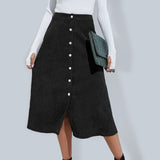 Women's Solid Color Corduroy Button Front A Line Midi Skirt