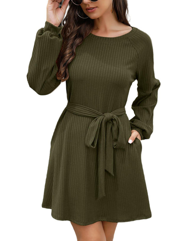 Women's Solid Color Tie Belted Long Sleeve Sweater Dress