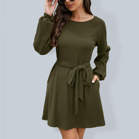 Women's Solid Color Tie Belted Long Sleeve Sweater Dress