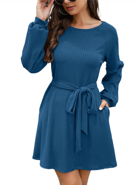 Women's Solid Color Tie Belted Long Sleeve Sweater Dress