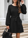 Women's Solid Color Tie Belted Long Sleeve Sweater Dress