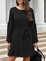 Women's Solid Color Tie Belted Long Sleeve Sweater Dress