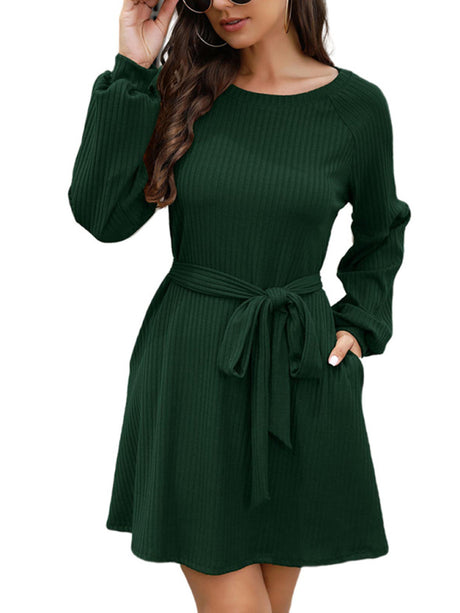 Women's Solid Color Tie Belted Long Sleeve Sweater Dress