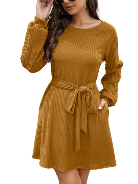 Women's Solid Color Tie Belted Long Sleeve Sweater Dress
