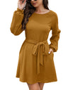 Women's Solid Color Tie Belted Long Sleeve Sweater Dress