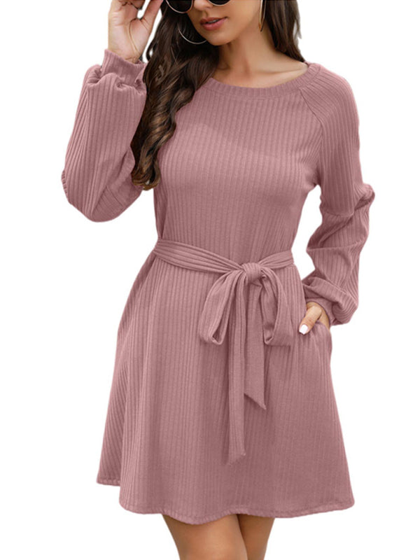 Women's Solid Color Tie Belted Long Sleeve Sweater Dress