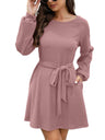 Women's Solid Color Tie Belted Long Sleeve Sweater Dress