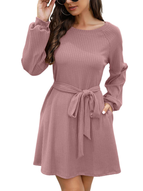 Women's Solid Color Tie Belted Long Sleeve Sweater Dress