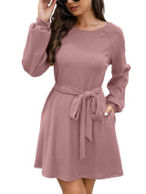 Women's Solid Color Tie Belted Long Sleeve Sweater Dress
