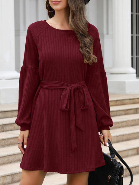 Women's Solid Color Tie Belted Long Sleeve Sweater Dress