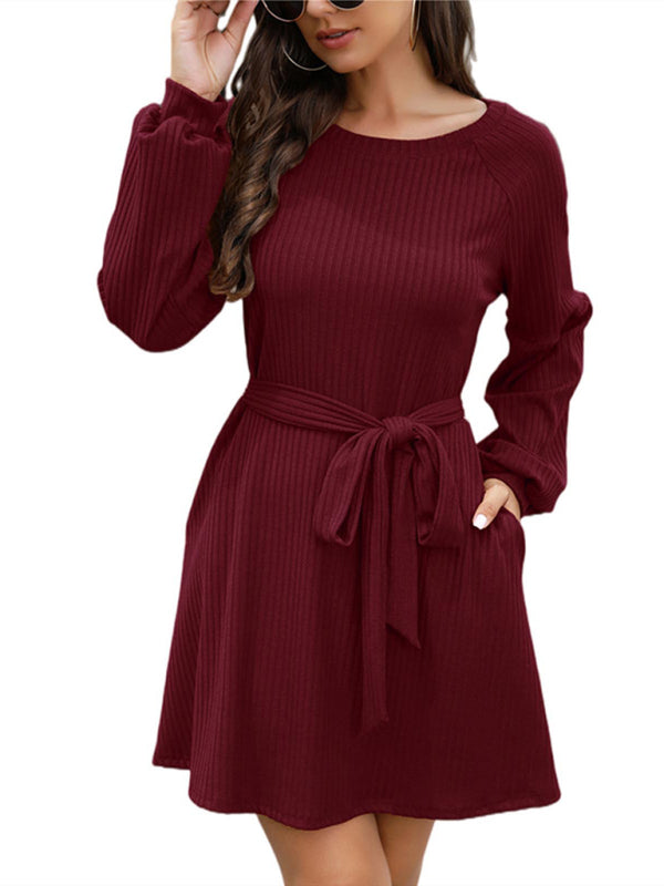 Women's Solid Color Tie Belted Long Sleeve Sweater Dress