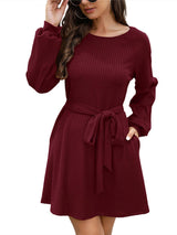 Women's Solid Color Tie Belted Long Sleeve Sweater Dress