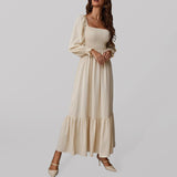 Women's Solid Color Smocked Long Sleeve Tiered Maxi Dress
