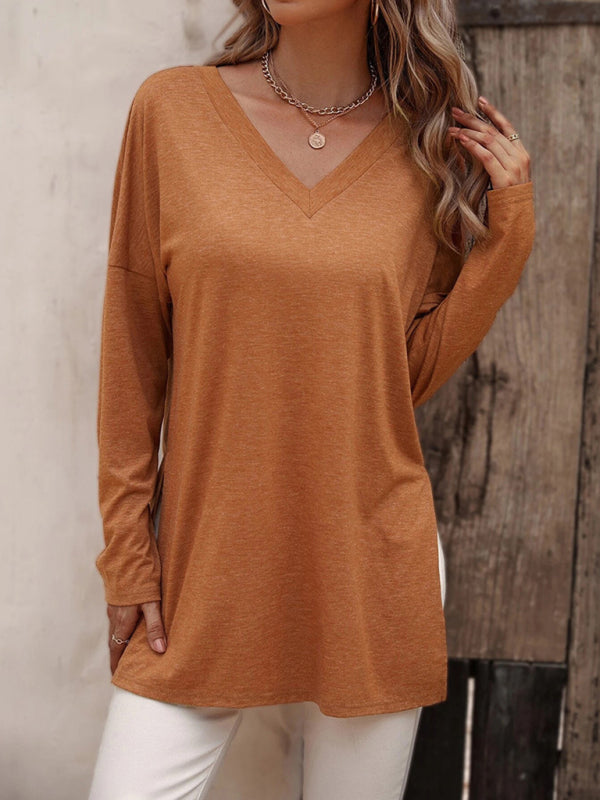 Women's Solid Color V Neck Essential Long Sleeve Side Slit Longline T- Shirt
